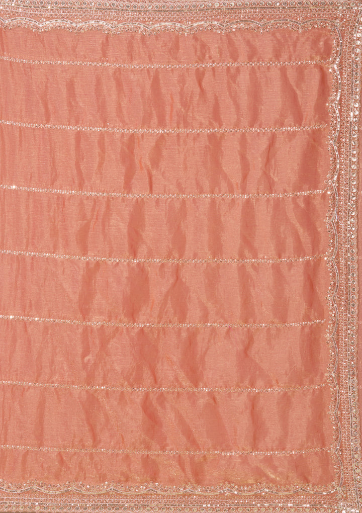 Peach Zariwork (Gold) Tissue Saree With Matching Blouse Piece