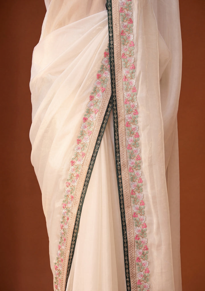 Off White Threadwork Tissue Saree With Matching Blouse Piece