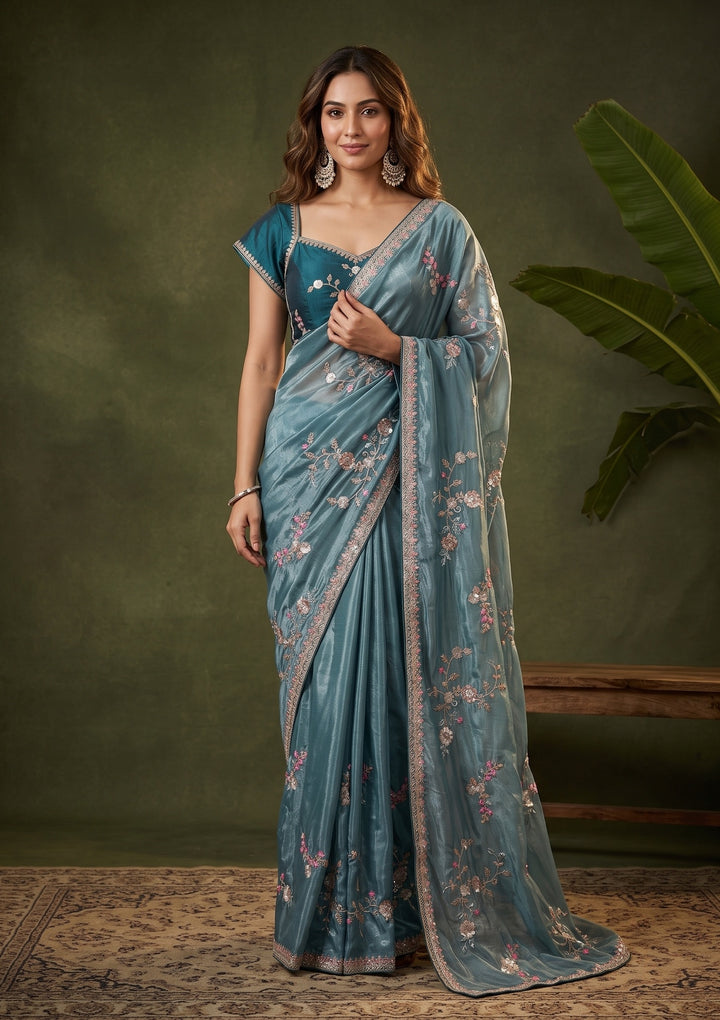 Blue Sequins Crepe Saree With Matching Blouse Piece