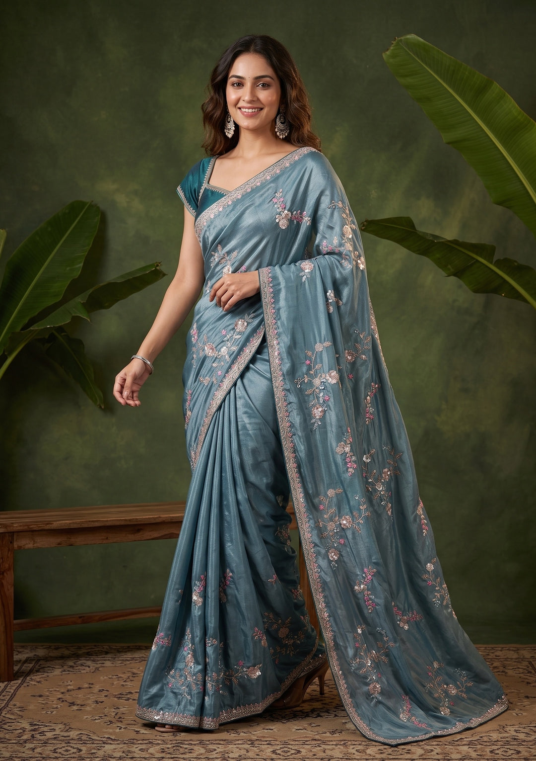 Blue Sequins Crepe Saree With Matching Blouse Piece