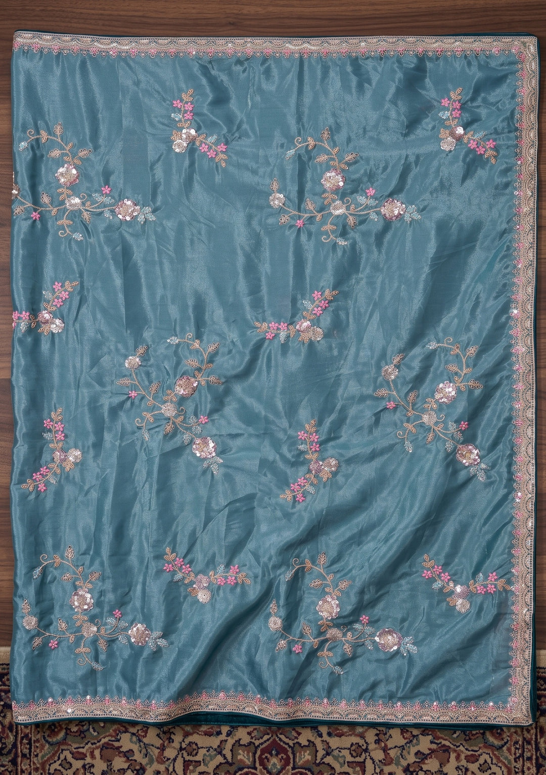 Blue Sequins Crepe Saree With Matching Blouse Piece