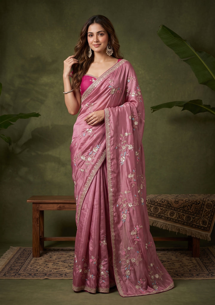 Onion Pink Sequins Crepe Saree With Matching Blouse Piece