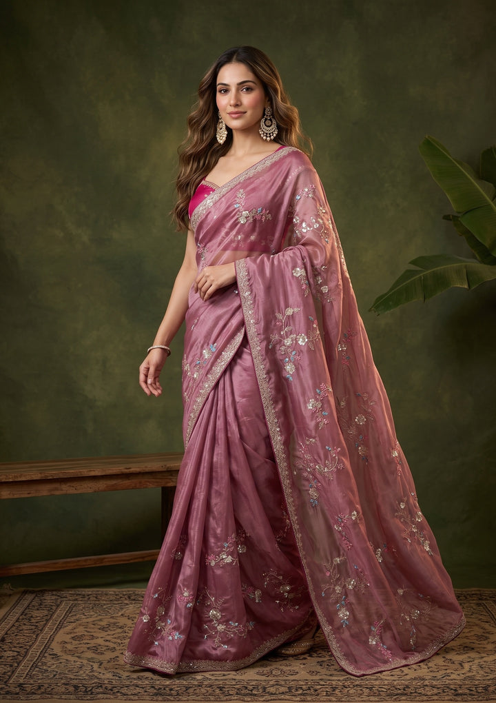 Onion Pink Sequins Crepe Saree With Matching Blouse Piece