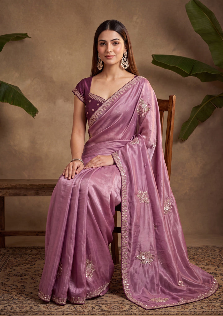 Dark Lavender Threadwork Crepe Saree With Matching Blouse Piece