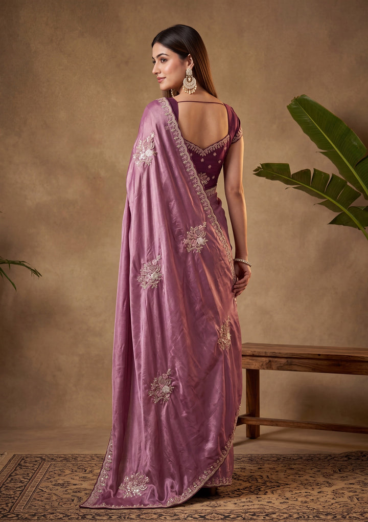Dark Lavender Threadwork Crepe Saree With Matching Blouse Piece