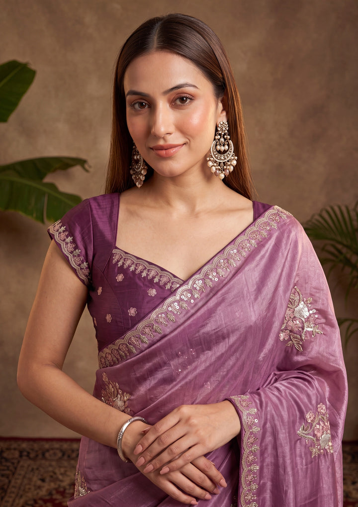 Dark Lavender Threadwork Crepe Saree With Matching Blouse Piece