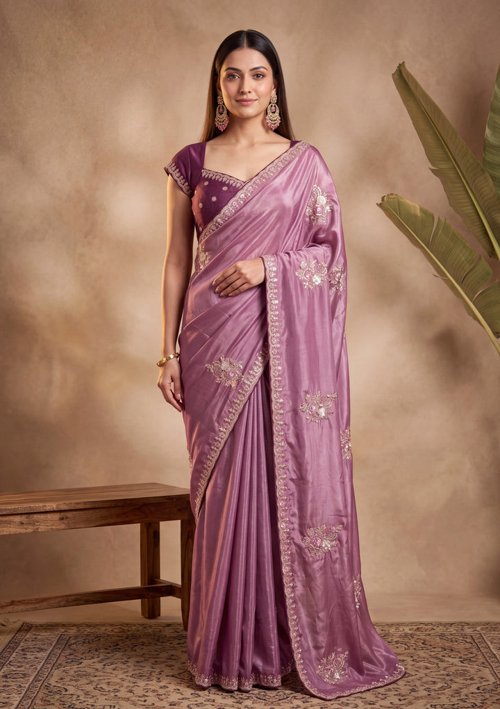 Dark Lavender Threadwork Crepe Saree With Matching Blouse Piece