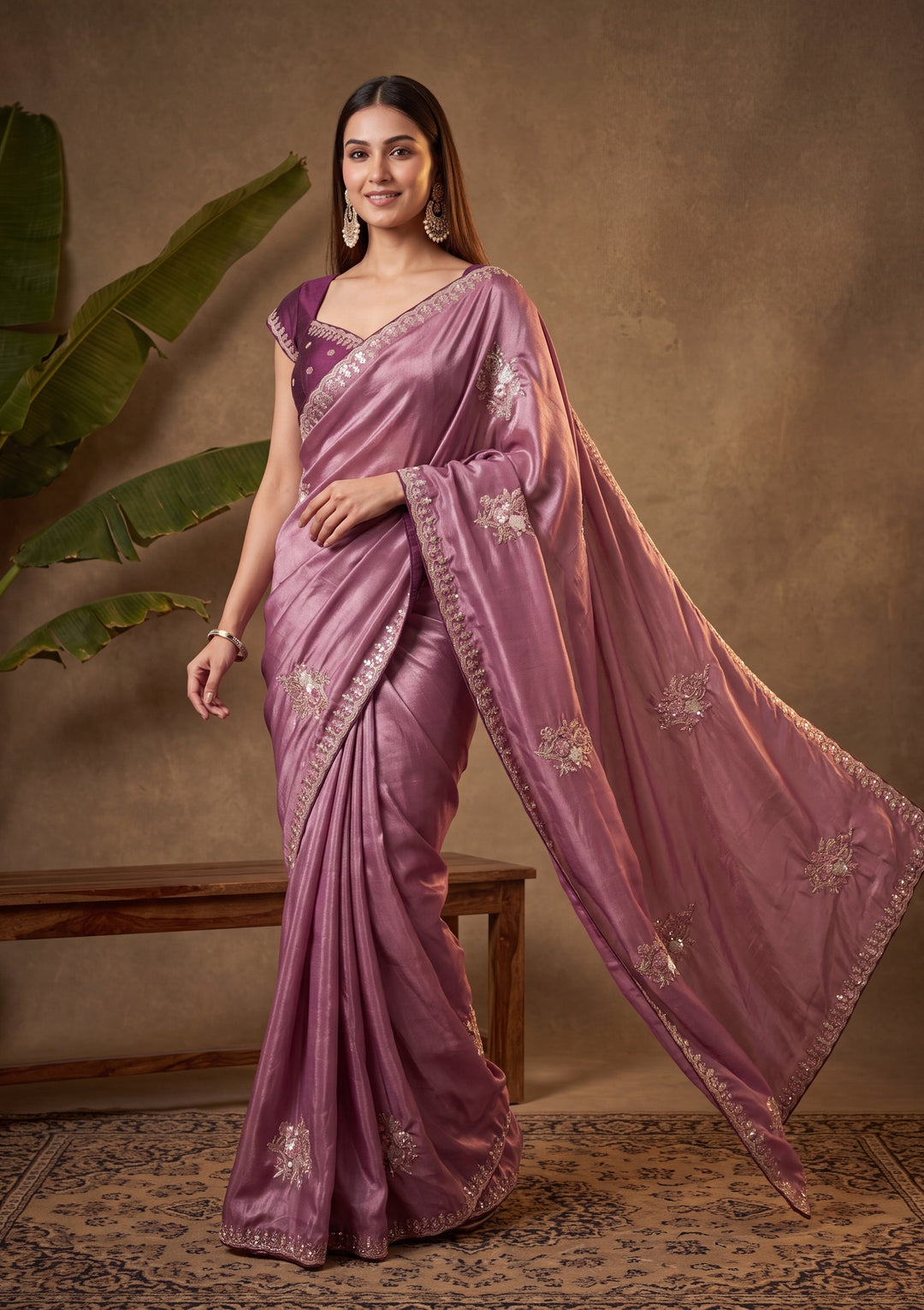 Dark Lavender Threadwork Crepe Saree With Matching Blouse Piece