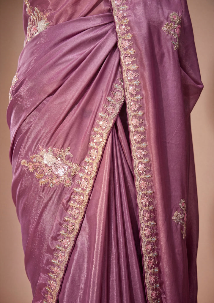 Dark Lavender Threadwork Crepe Saree With Matching Blouse Piece