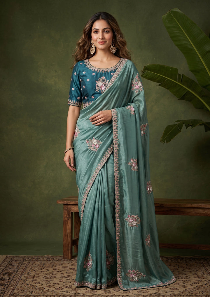 Sea Green Threadwork Crepe Saree With Matching Blouse Piece