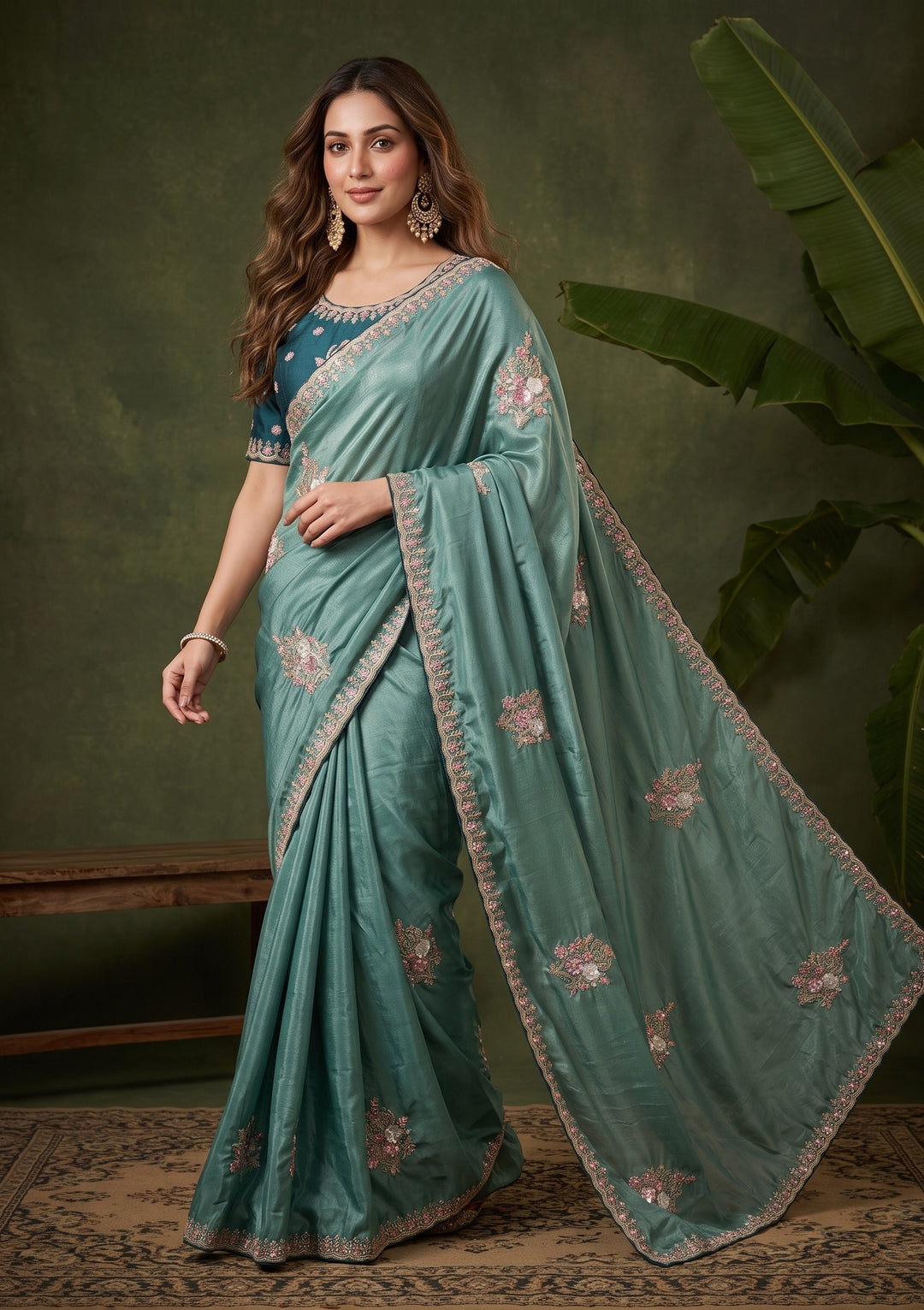 Sea Green Threadwork Crepe Saree With Matching Blouse Piece