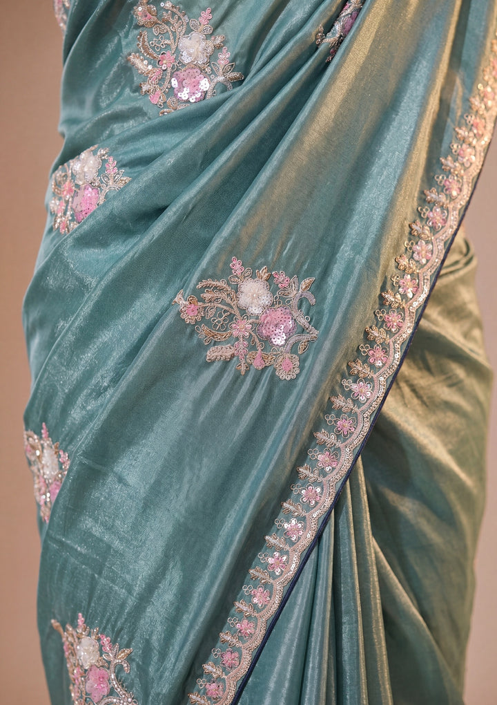 Sea Green Threadwork Crepe Saree With Matching Blouse Piece