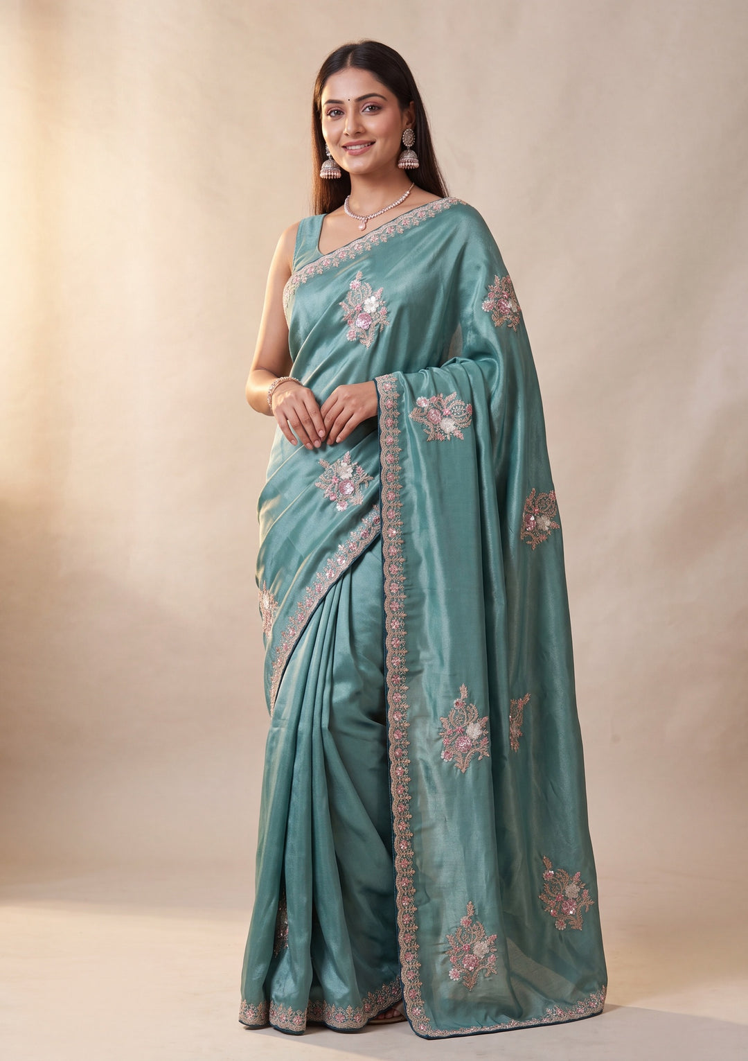 Sea Green Threadwork Crepe Saree With Matching Blouse Piece