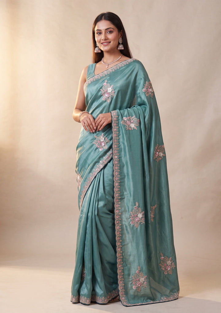 Sea Green Threadwork Crepe Saree With Matching Blouse Piece