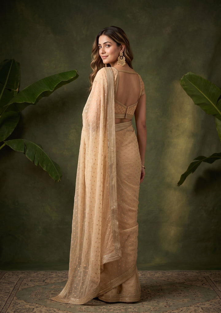 Beige Zariwork (Gold) Chanderi Saree With Matching Blouse Piece