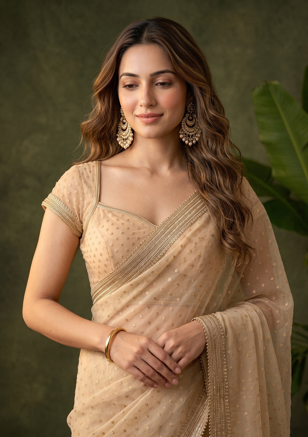 Beige Zariwork (Gold) Chanderi Saree With Matching Blouse Piece