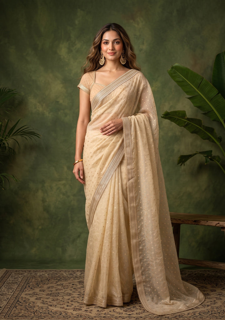 Beige Zariwork (Gold) Chanderi Saree With Matching Blouse Piece