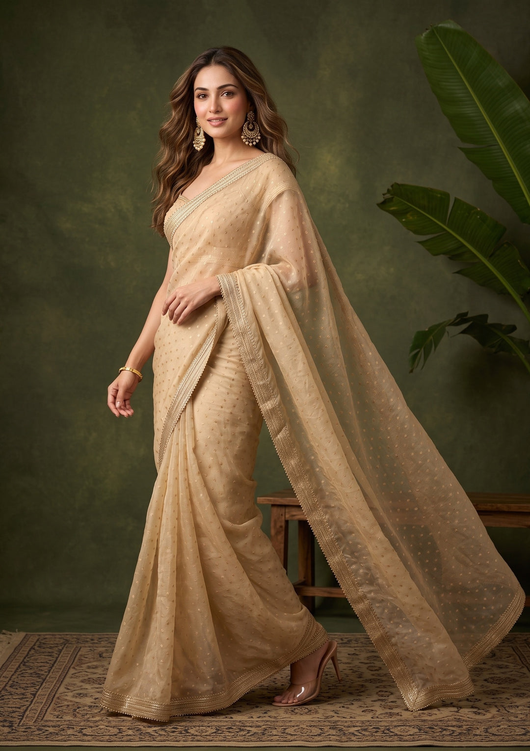 Beige Zariwork (Gold) Chanderi Saree With Matching Blouse Piece