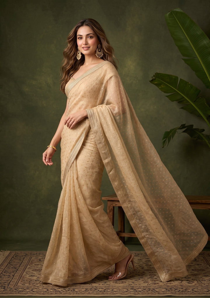 Beige Zariwork (Gold) Chanderi Saree With Matching Blouse Piece