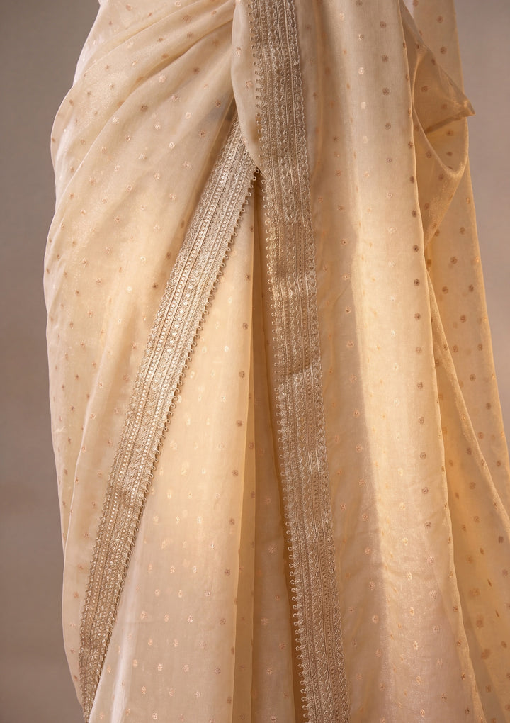 Beige Zariwork (Gold) Chanderi Saree With Matching Blouse Piece