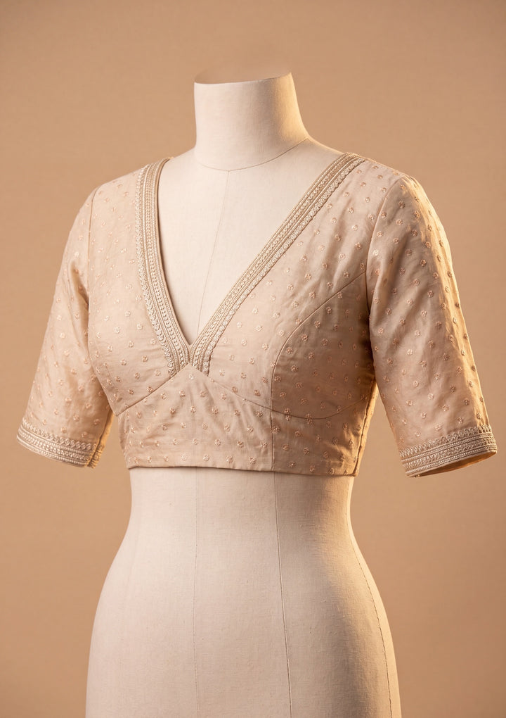 Beige Zariwork (Gold) Chanderi Saree With Matching Blouse Piece