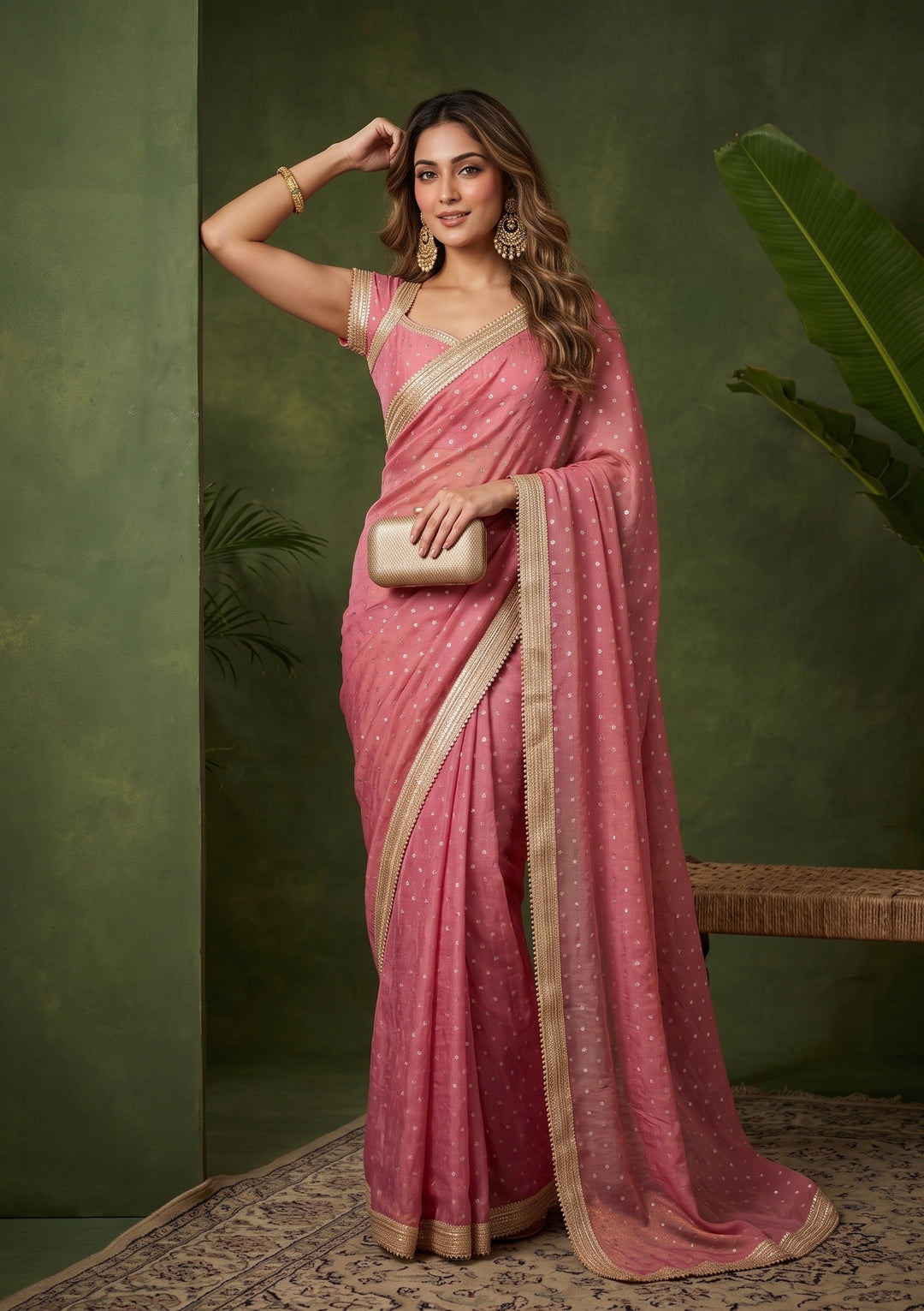 Onion Pink Zariwork (Gold) Chanderi Saree With Matching Blouse Piece