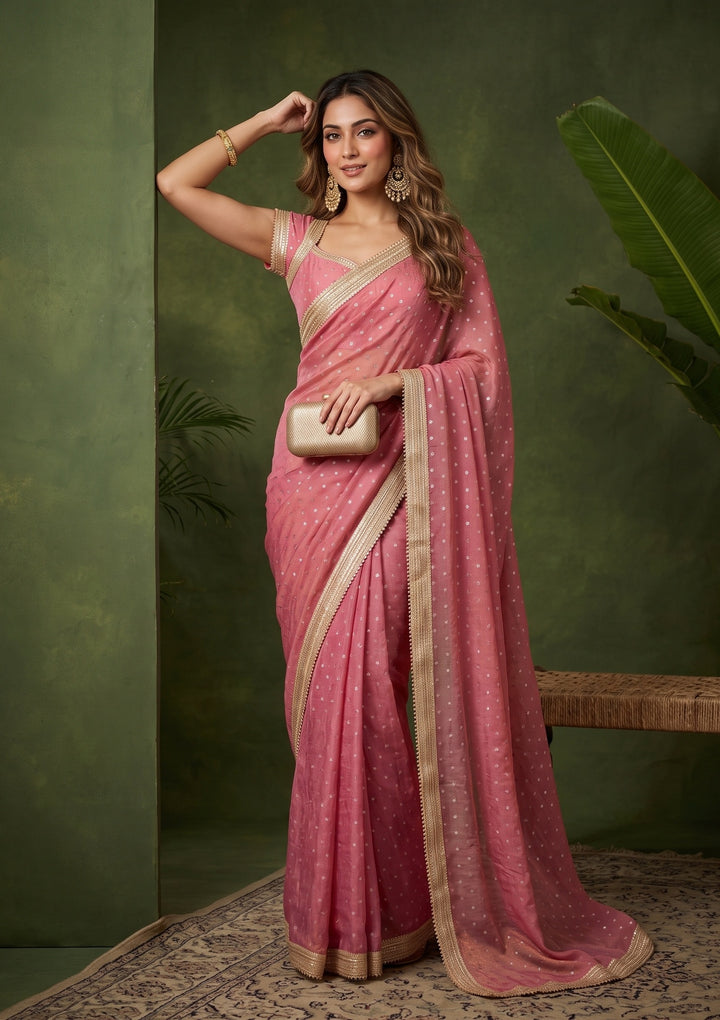 Onion Pink Zariwork (Gold) Chanderi Saree With Matching Blouse Piece