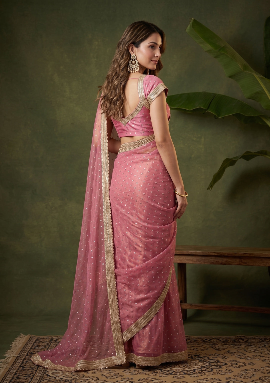 Onion Pink Zariwork (Gold) Chanderi Saree With Matching Blouse Piece
