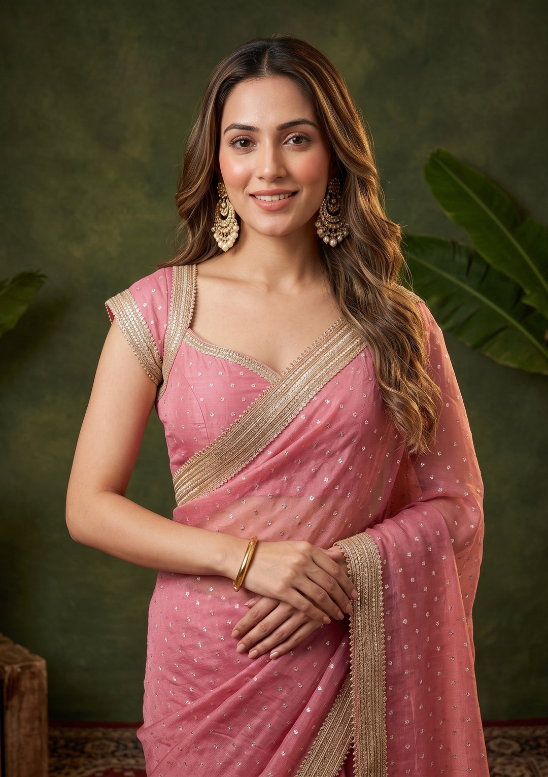 Onion Pink Zariwork (Gold) Chanderi Saree With Matching Blouse Piece