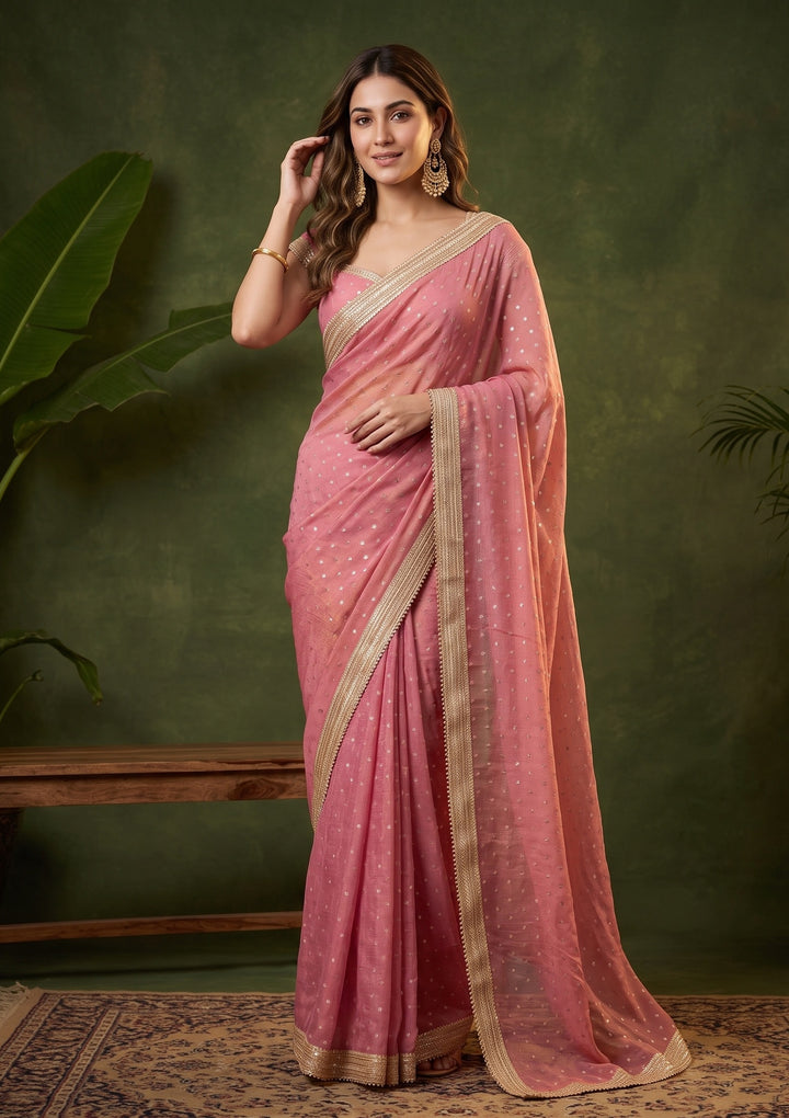 Onion Pink Zariwork (Gold) Chanderi Saree With Matching Blouse Piece