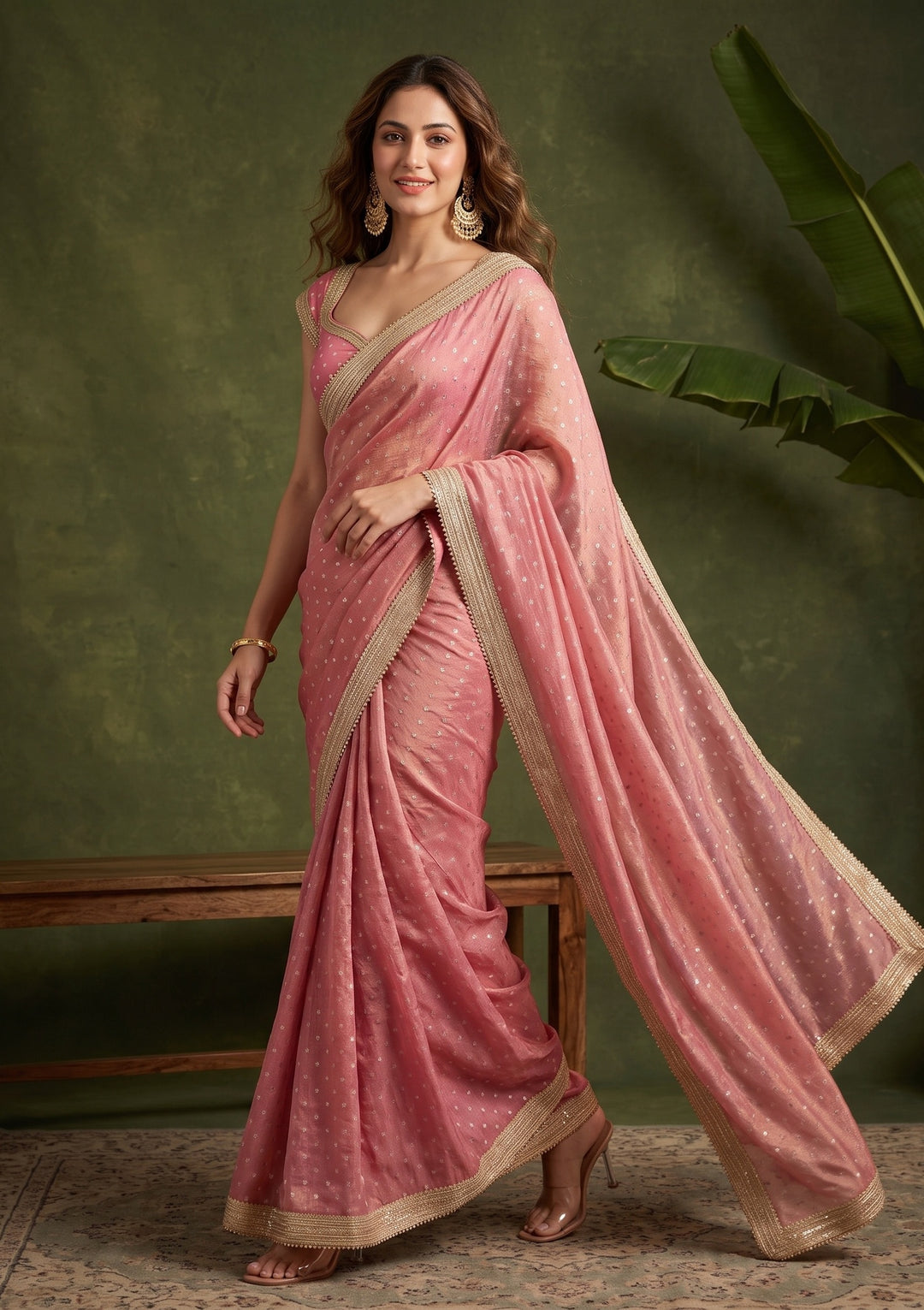 Onion Pink Zariwork (Gold) Chanderi Saree With Matching Blouse Piece