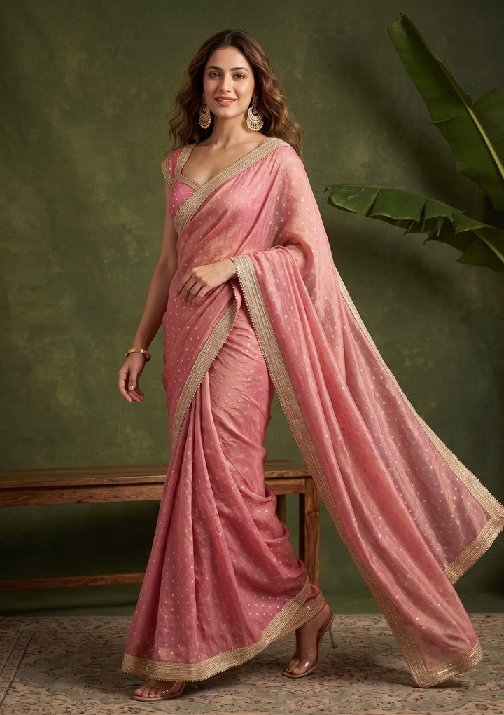 Onion Pink Zariwork (Gold) Chanderi Saree With Matching Blouse Piece