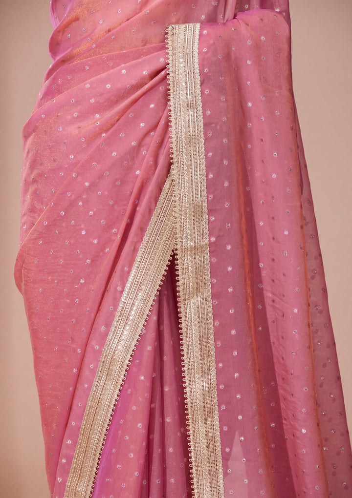 Onion Pink Zariwork (Gold) Chanderi Saree With Matching Blouse Piece