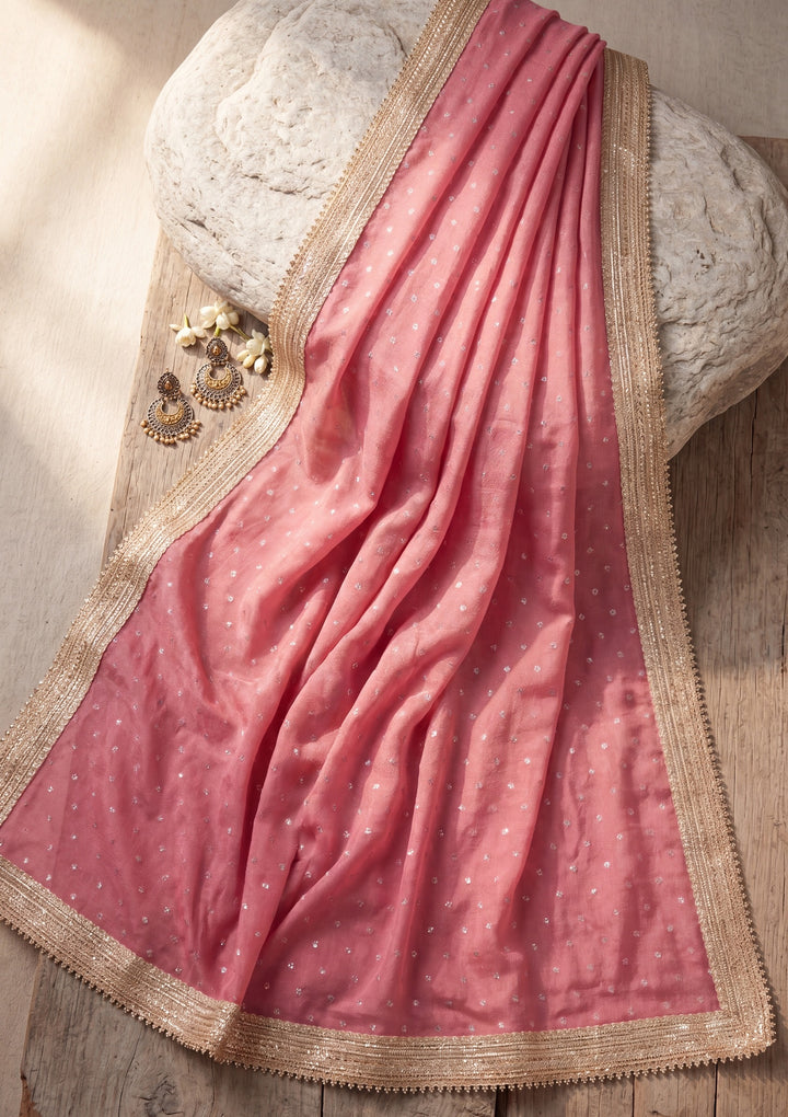 Onion Pink Zariwork (Gold) Chanderi Saree With Matching Blouse Piece