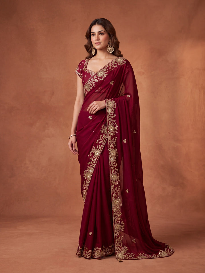 Maroon Satin Cording Saree With Matching Blouse Piece