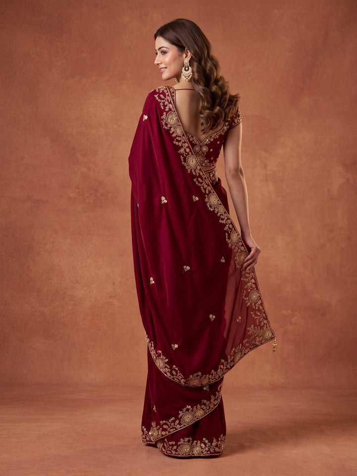 Maroon Satin Cording Saree With Matching Blouse Piece