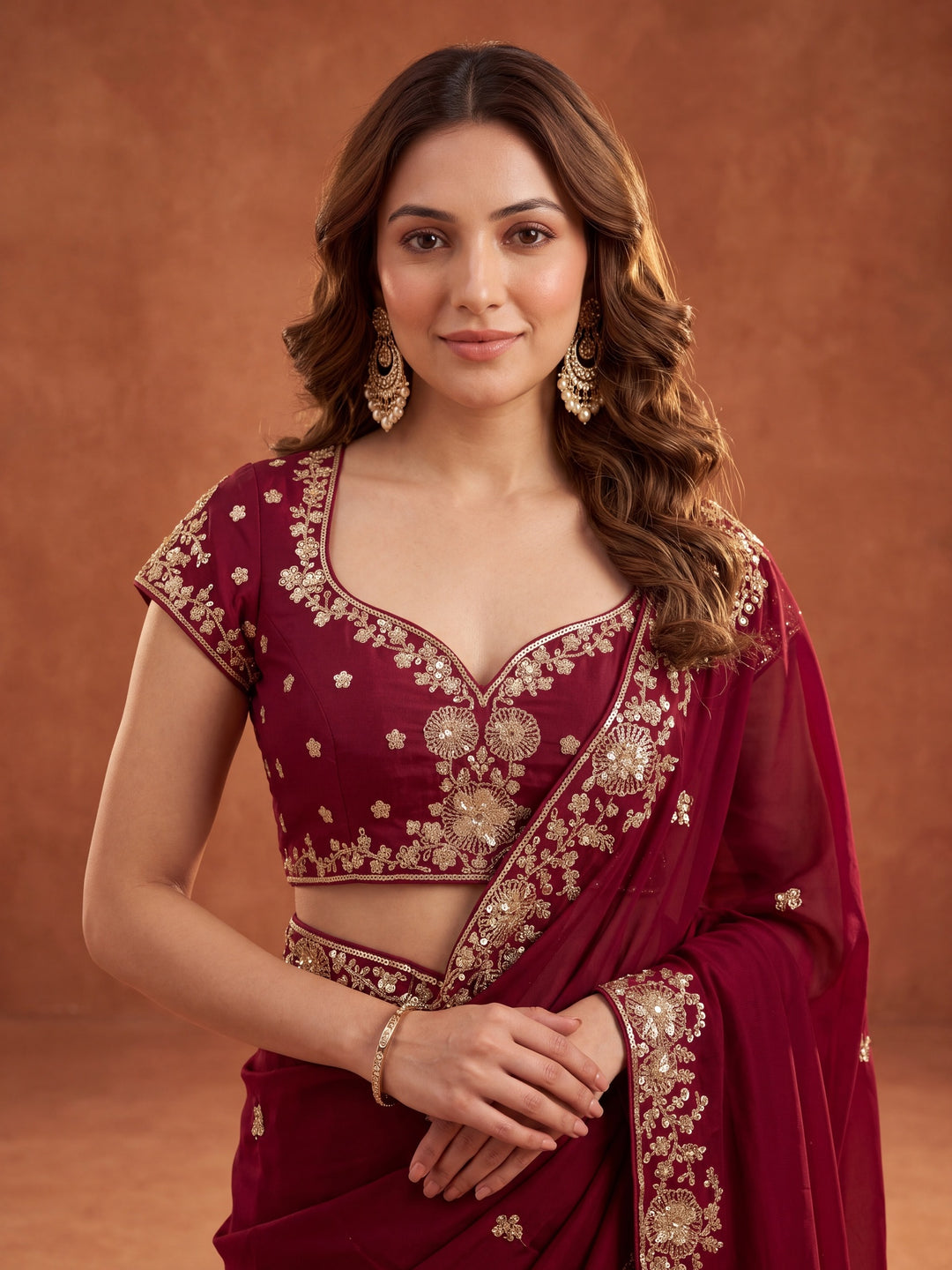 Maroon Satin Cording Saree With Matching Blouse Piece