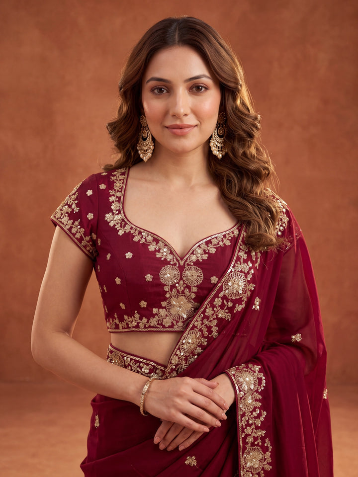 Maroon Satin Cording Saree With Matching Blouse Piece