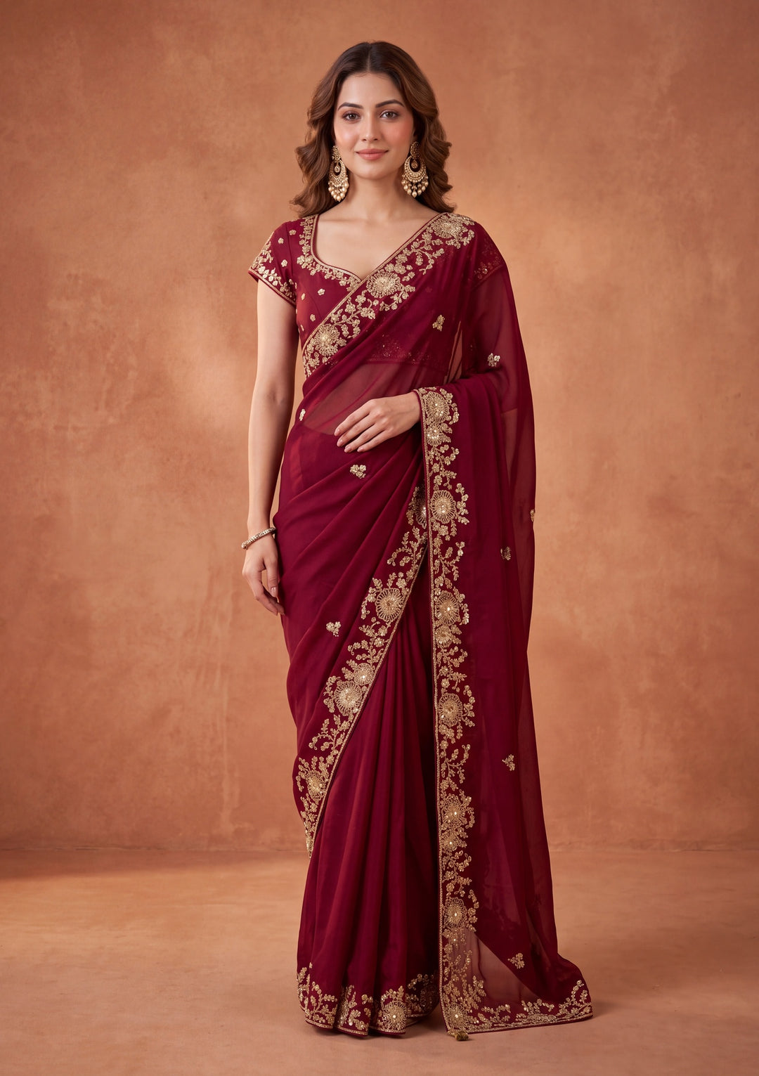 Maroon Satin Cording Saree With Matching Blouse Piece