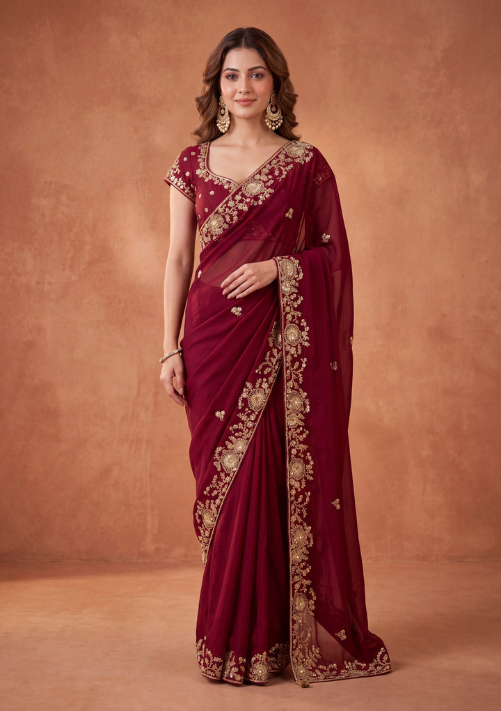 Maroon Satin Cording Saree With Matching Blouse Piece