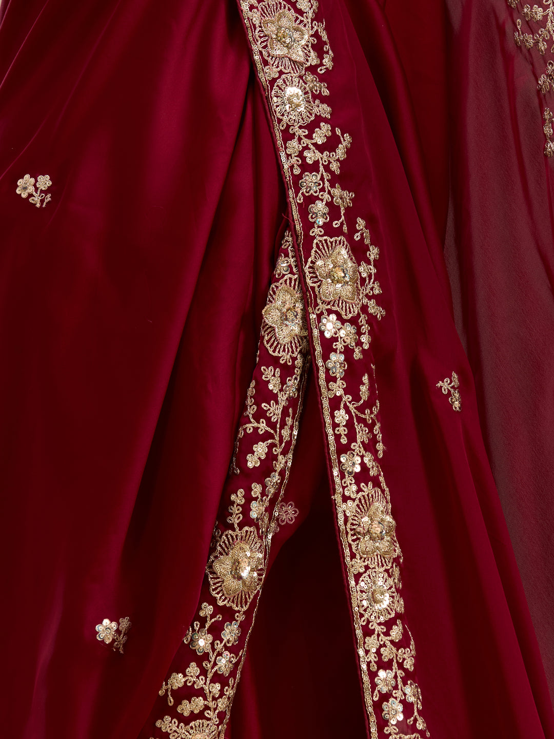 Maroon Satin Cording Saree With Matching Blouse Piece