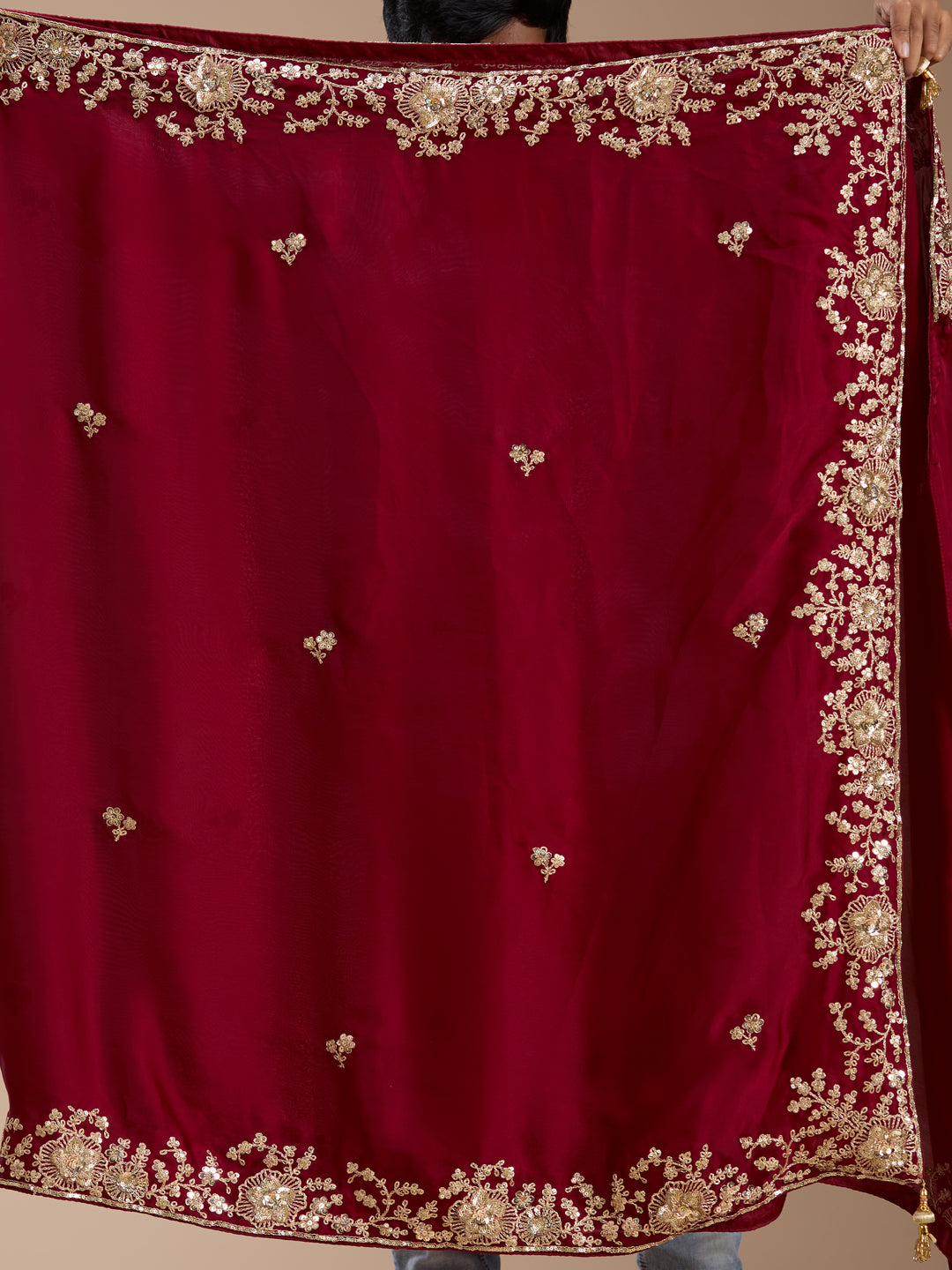 Maroon Satin Cording Saree With Matching Blouse Piece