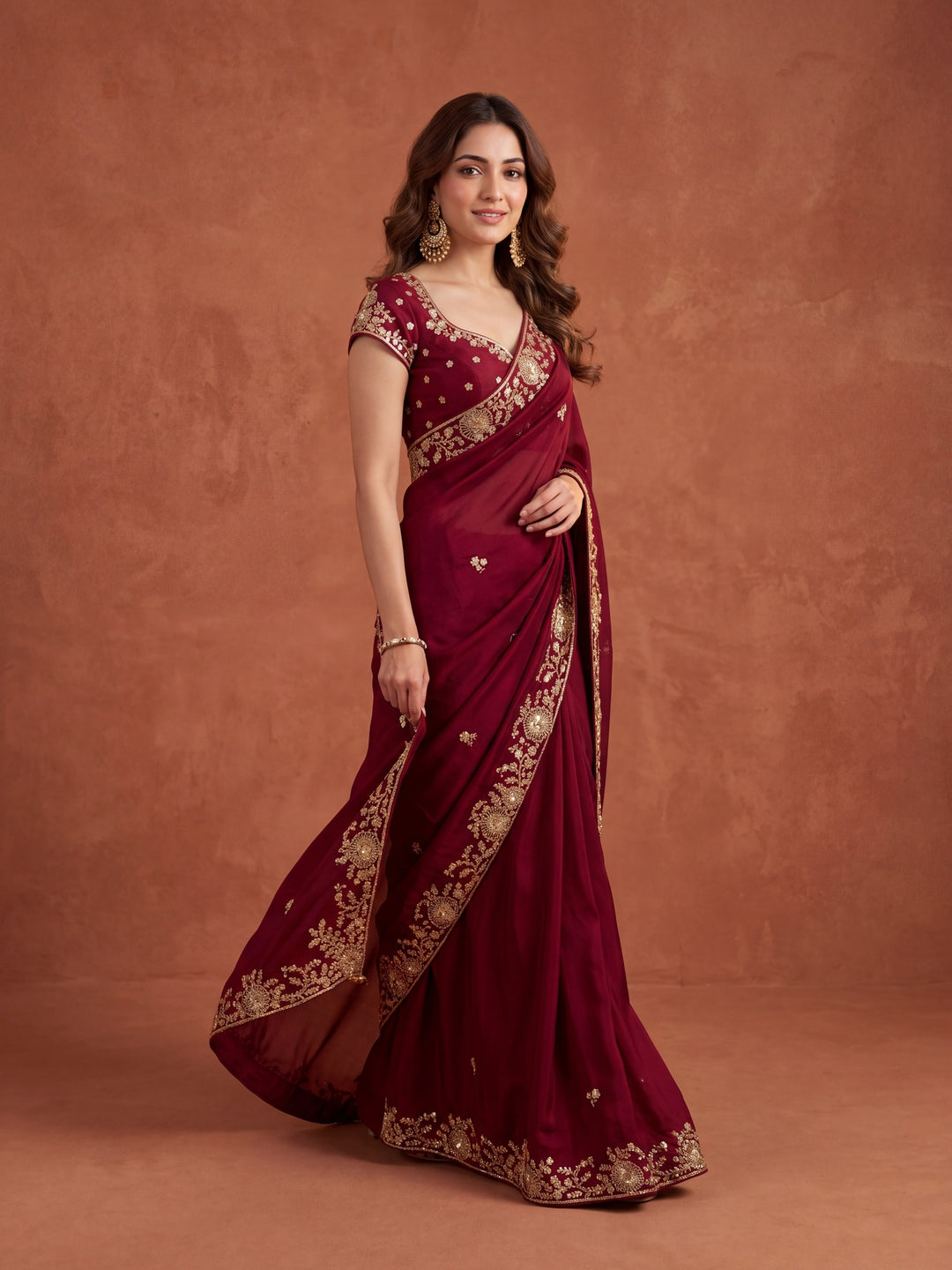 Maroon Satin Cording Saree With Matching Blouse Piece