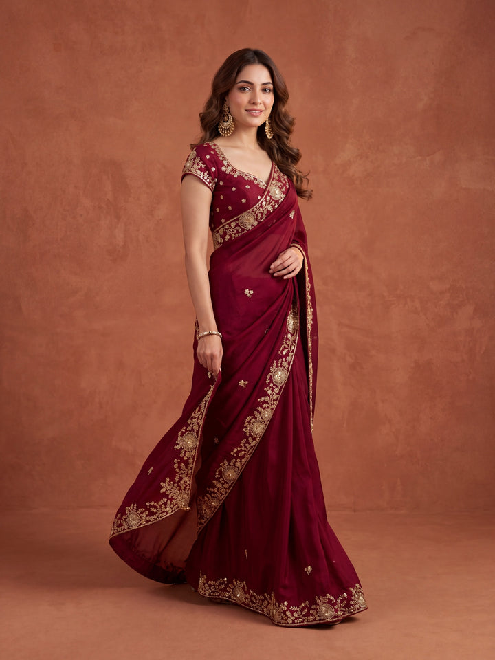 Maroon Satin Cording Saree With Matching Blouse Piece