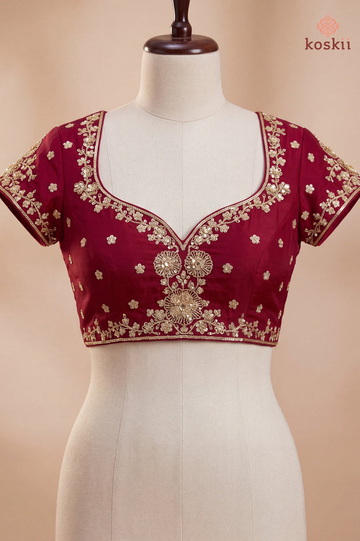 Maroon Satin Cording Saree With Matching Blouse Piece