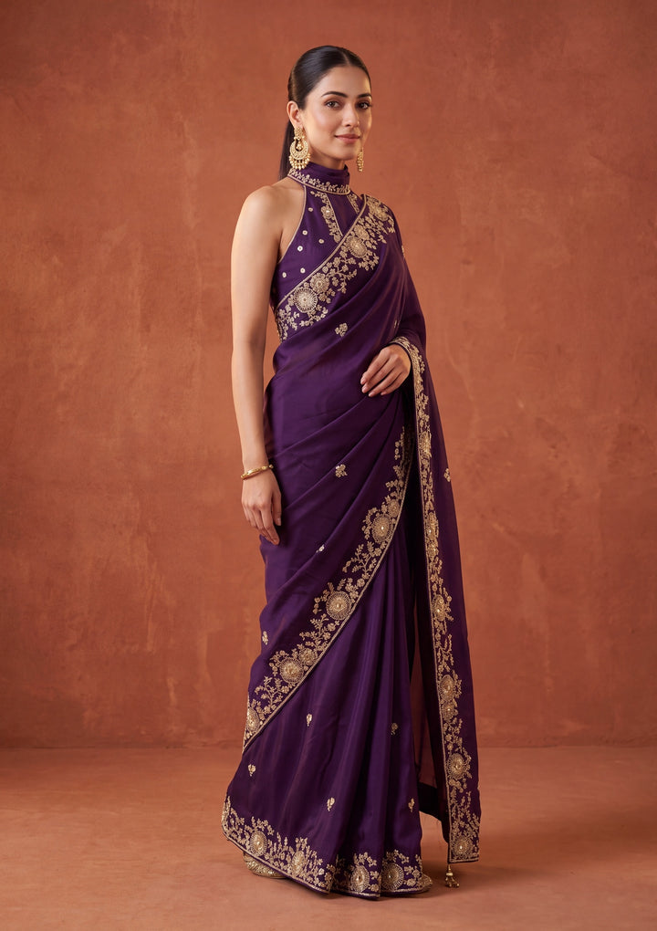 Purple Satin Cording Saree With Matching Blouse Piece