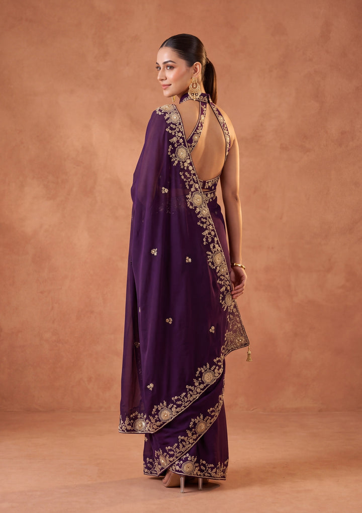 Purple Satin Cording Saree With Matching Blouse Piece