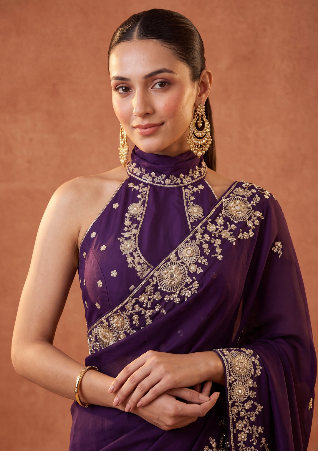Purple Satin Cording Saree With Matching Blouse Piece