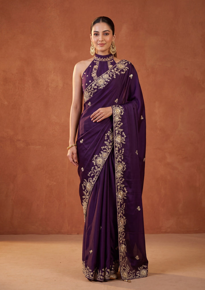 Purple Satin Cording Saree With Matching Blouse Piece