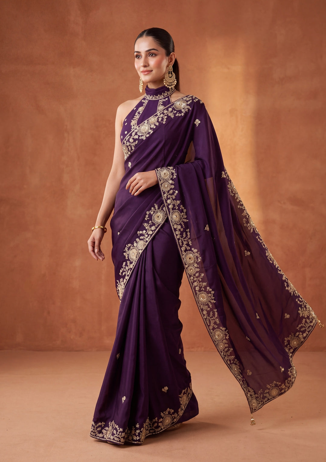 Purple Satin Cording Saree With Matching Blouse Piece